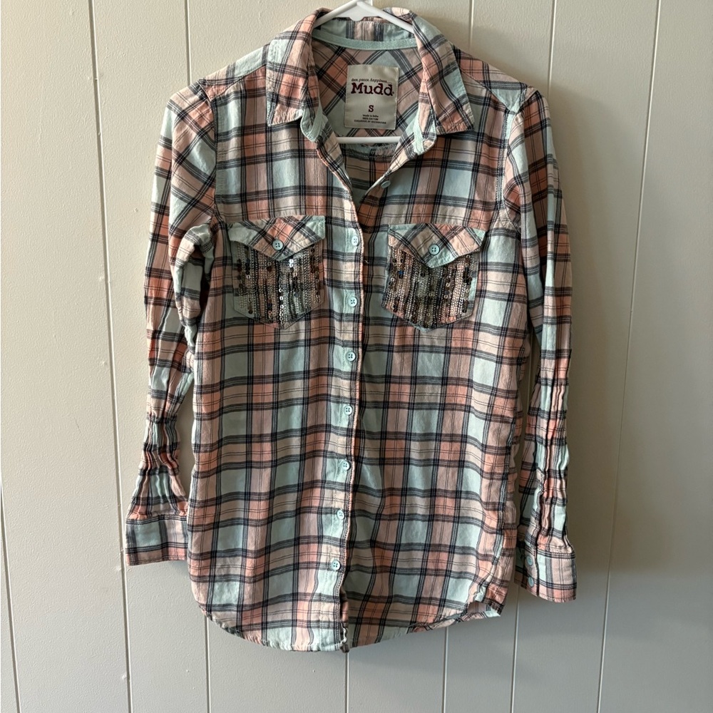 Mudd Plaid Button Down Shirt Pink, Blue, White vintage Womens Long sleeve small